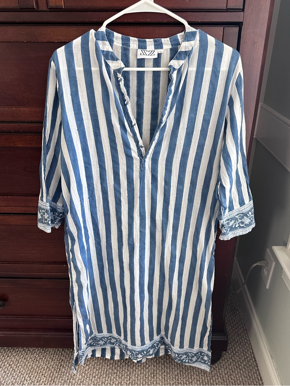 SZ Blockprints striped blue and white tunic dress coverup sz L